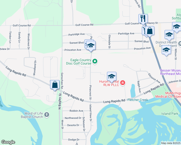 map of restaurants, bars, coffee shops, grocery stores, and more near 477 Pine Meadow Lane in Alpena