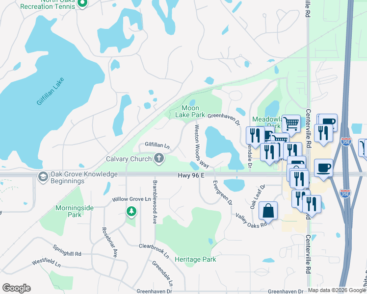 map of restaurants, bars, coffee shops, grocery stores, and more near 771 Gilfillan Court in White Bear Lake