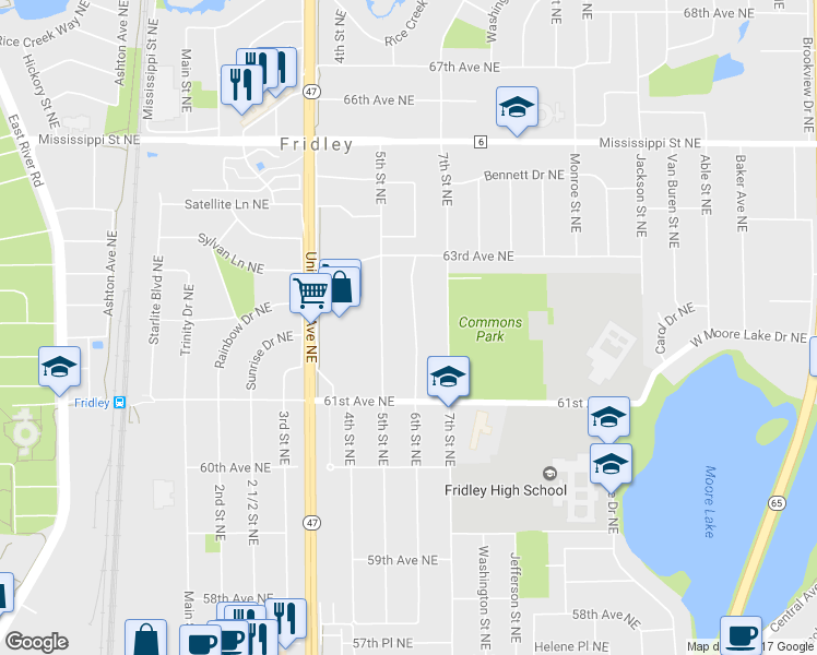 map of restaurants, bars, coffee shops, grocery stores, and more near 6190 6th Street Northeast in Fridley