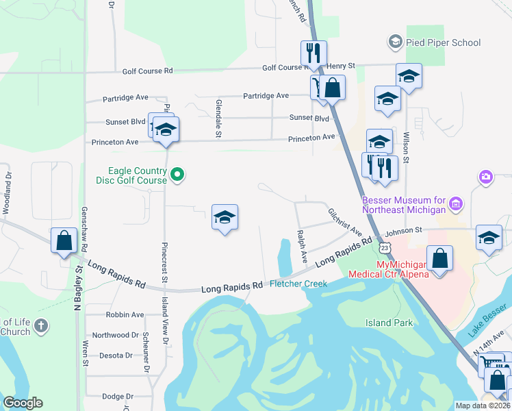map of restaurants, bars, coffee shops, grocery stores, and more near Gilchrist Avenue in Alpena
