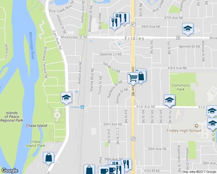 map of restaurants, bars, coffee shops, grocery stores, and more near 6281 Comet Lane Northeast in Fridley
