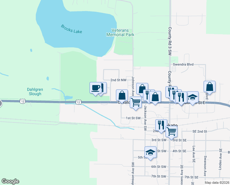 map of restaurants, bars, coffee shops, grocery stores, and more near 183 Sunset Avenue North in Cokato