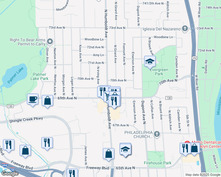 map of restaurants, bars, coffee shops, grocery stores, and more near 6901 North Humboldt Avenue in Brooklyn Center