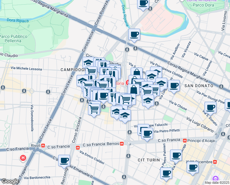 map of restaurants, bars, coffee shops, grocery stores, and more near 13 Via San Rocchetto in Torino