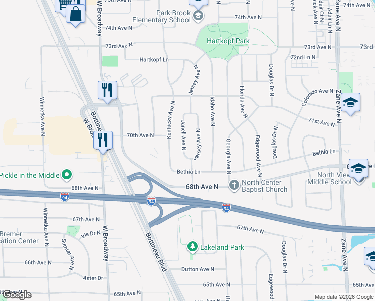 map of restaurants, bars, coffee shops, grocery stores, and more near 6924 Janell Avenue North in Minneapolis