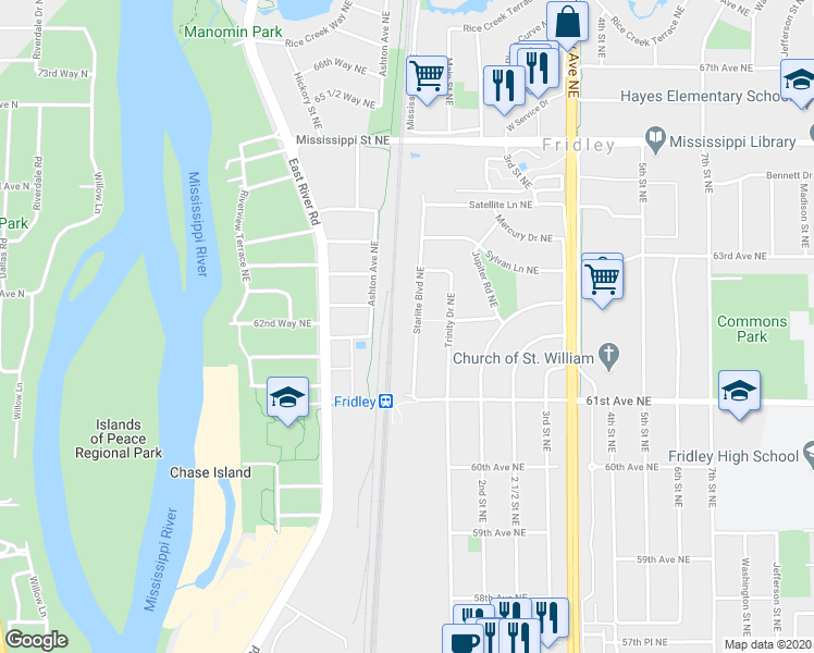 map of restaurants, bars, coffee shops, grocery stores, and more near 6190 Starlite Boulevard Northeast in Fridley