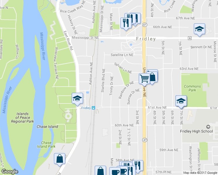 map of restaurants, bars, coffee shops, grocery stores, and more near 6190 Trinity Drive Northeast in Fridley