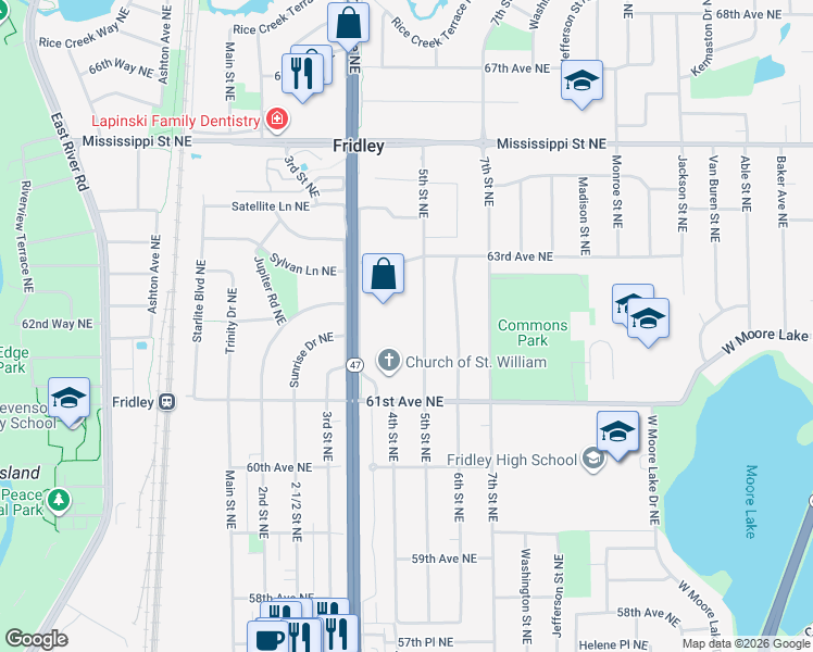 map of restaurants, bars, coffee shops, grocery stores, and more near 6200 5th Street Northeast in Fridley