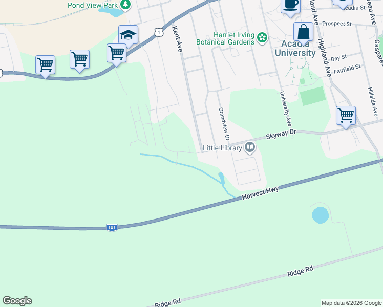 map of restaurants, bars, coffee shops, grocery stores, and more near 131 Stirling Avenue in Wolfville