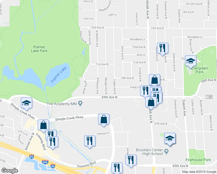 map of restaurants, bars, coffee shops, grocery stores, and more near 6924 Morgan Avenue North in Minneapolis
