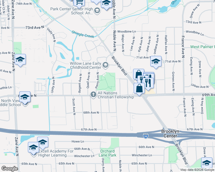 map of restaurants, bars, coffee shops, grocery stores, and more near 4800 69th Avenue North in Minneapolis