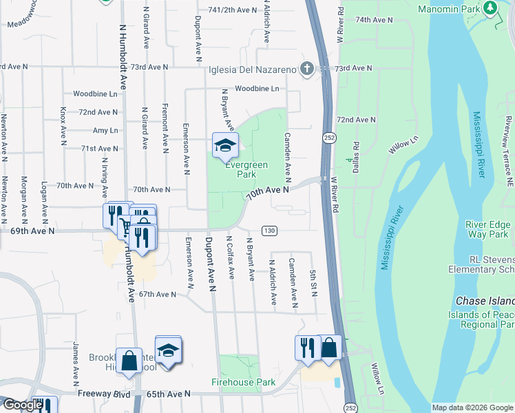 map of restaurants, bars, coffee shops, grocery stores, and more near 881 70th Avenue North in Minneapolis