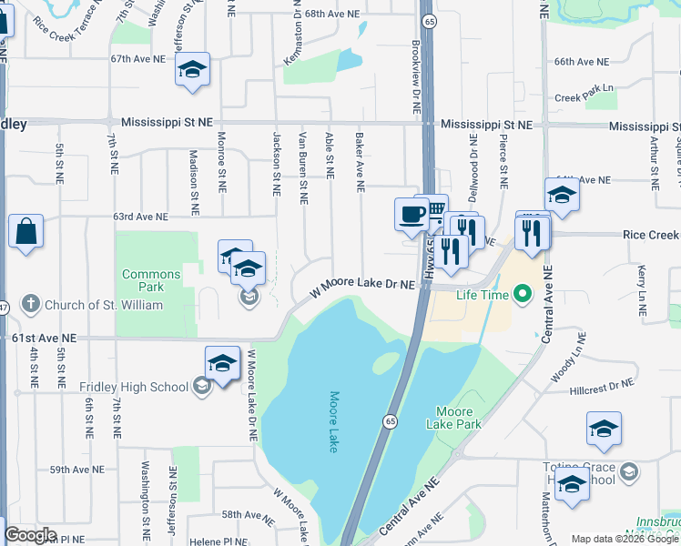 map of restaurants, bars, coffee shops, grocery stores, and more near 901 West Moore Lake Drive Northeast in Minneapolis