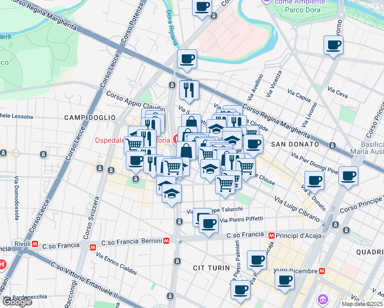 map of restaurants, bars, coffee shops, grocery stores, and more near 66 Via Luigi Cibrario in Torino