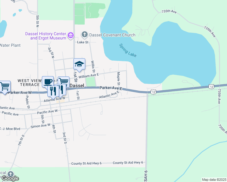 map of restaurants, bars, coffee shops, grocery stores, and more near 425 Atlantic Avenue East in Dassel