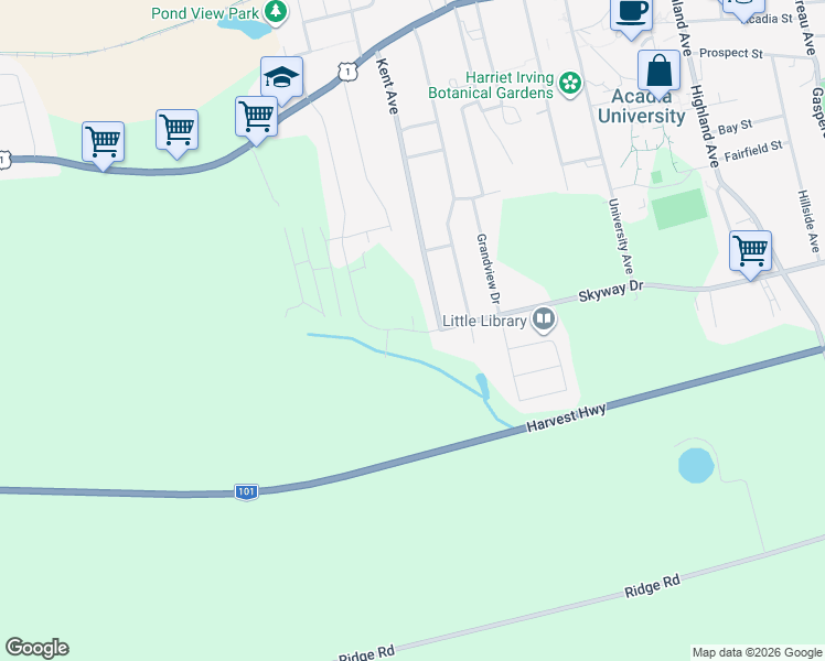 map of restaurants, bars, coffee shops, grocery stores, and more near 131 Stirling Avenue in Wolfville