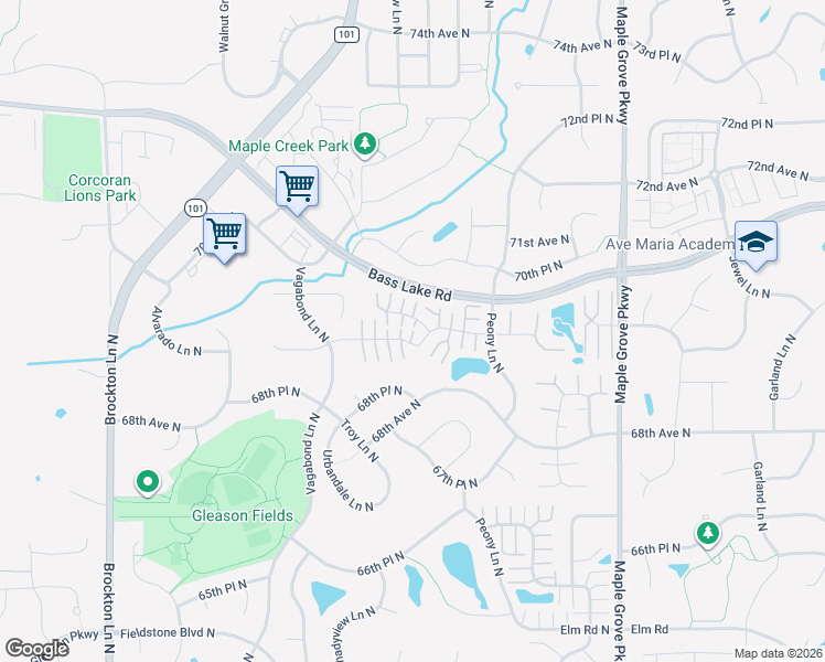 map of restaurants, bars, coffee shops, grocery stores, and more near 18090 69th Place North in Osseo