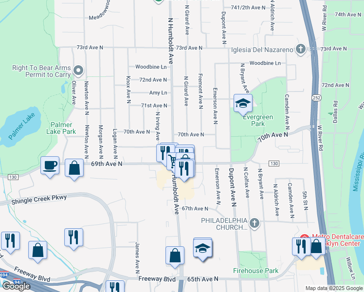 map of restaurants, bars, coffee shops, grocery stores, and more near 6901 North Humboldt Avenue in Brooklyn Center