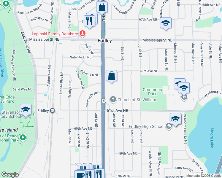 map of restaurants, bars, coffee shops, grocery stores, and more near 6257 University Avenue Northeast in Fridley
