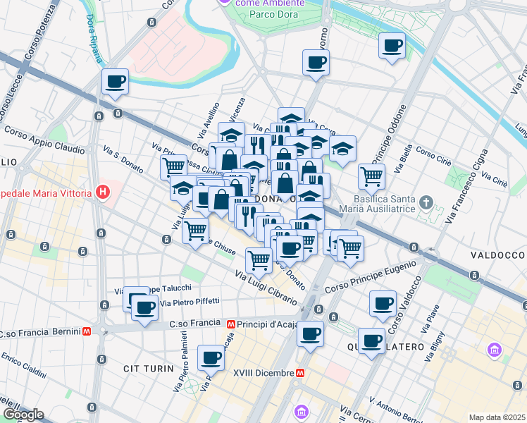 map of restaurants, bars, coffee shops, grocery stores, and more near 38 Via Pier Dionigi Pinelli in Torino