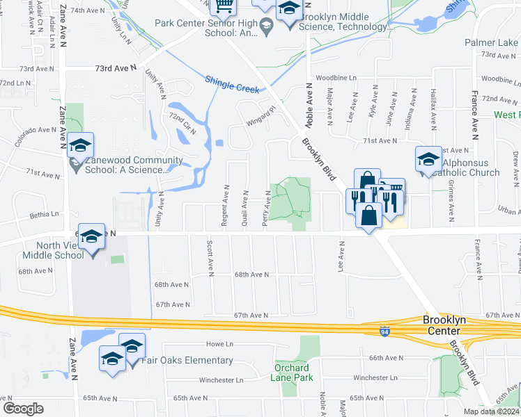 map of restaurants, bars, coffee shops, grocery stores, and more near 6925 Perry Avenue North in Minneapolis