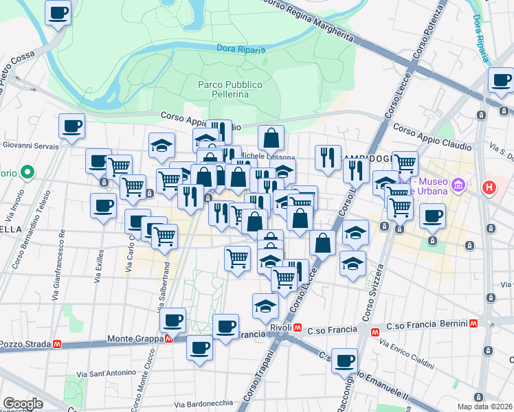 map of restaurants, bars, coffee shops, grocery stores, and more near 89 Largo Nicola Fabrizi in Torino