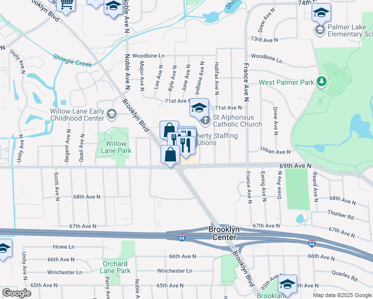 map of restaurants, bars, coffee shops, grocery stores, and more near 6930 Brooklyn Boulevard in Brooklyn Center