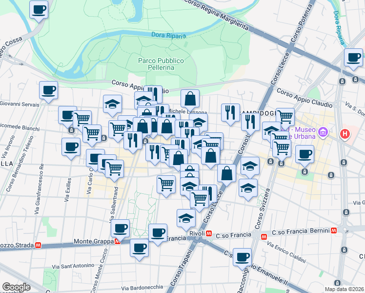 map of restaurants, bars, coffee shops, grocery stores, and more near 89 Largo Nicola Fabrizi in Torino