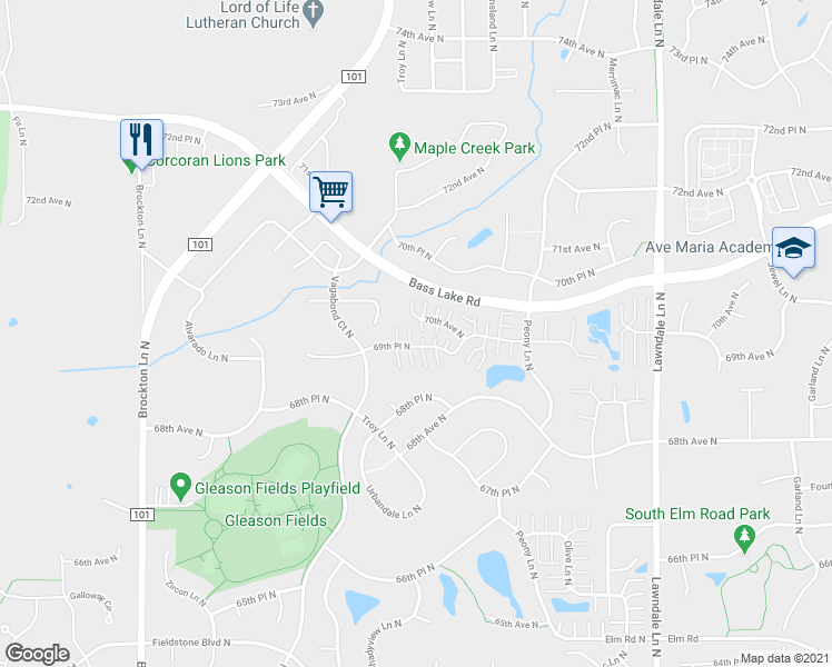 map of restaurants, bars, coffee shops, grocery stores, and more near 18192 69th Place North in Osseo