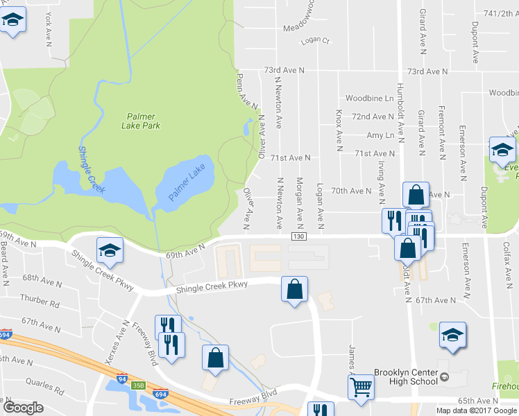 map of restaurants, bars, coffee shops, grocery stores, and more near 6930 Oliver Avenue in Minneapolis