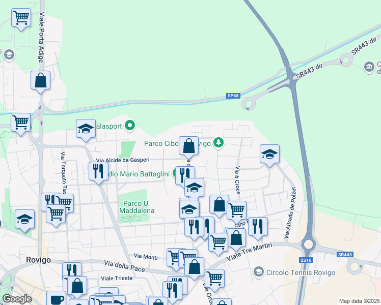 map of restaurants, bars, coffee shops, grocery stores, and more near 18A Via della Costituzione in Rovigo