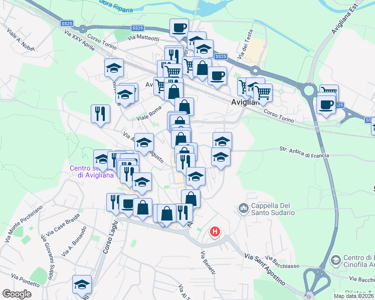 map of restaurants, bars, coffee shops, grocery stores, and more near 12/2 Via Don L. Balbiano in Avigliana