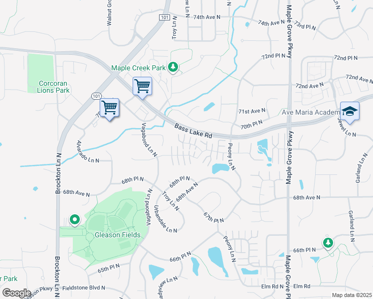 map of restaurants, bars, coffee shops, grocery stores, and more near 18192 69th Place North in Osseo