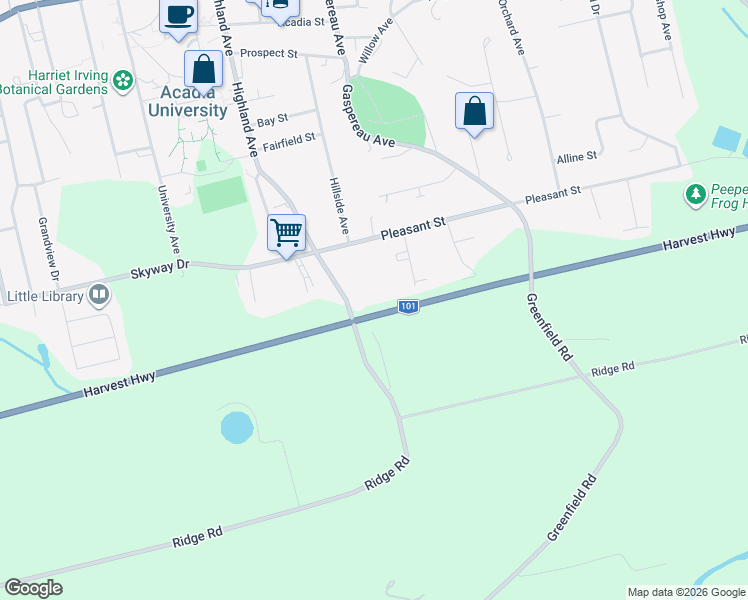 map of restaurants, bars, coffee shops, grocery stores, and more near 123 Highland Avenue in Wolfville