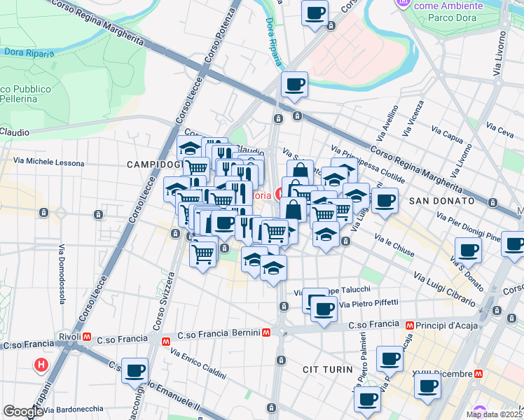 map of restaurants, bars, coffee shops, grocery stores, and more near 13 Via San Rocchetto in Turin