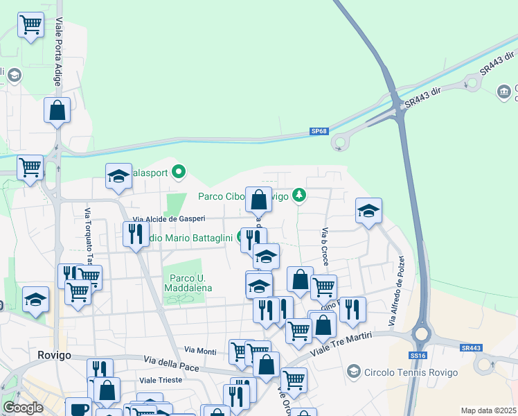 map of restaurants, bars, coffee shops, grocery stores, and more near 18A Via della Costituzione in Rovigo