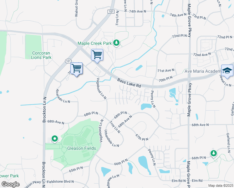 map of restaurants, bars, coffee shops, grocery stores, and more near 18192 69th Place North in Osseo