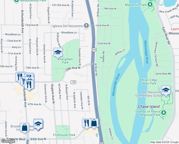 map of restaurants, bars, coffee shops, grocery stores, and more near 411 70th Avenue North in Brooklyn Center