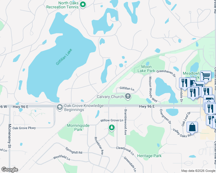 map of restaurants, bars, coffee shops, grocery stores, and more near 16 Robb Farm Road in North Oaks