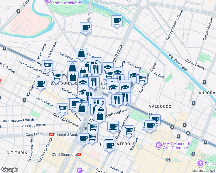 map of restaurants, bars, coffee shops, grocery stores, and more near 10 Via Masserano in Turin