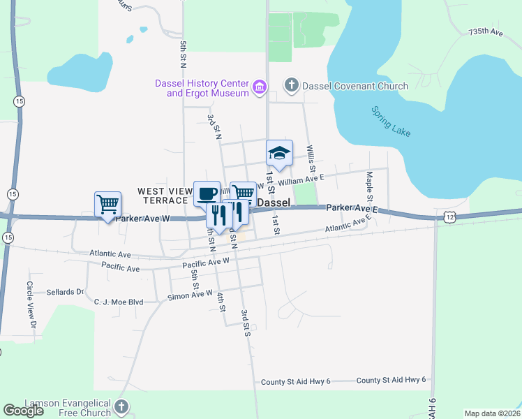 map of restaurants, bars, coffee shops, grocery stores, and more near 150 Parker Avenue West in Dassel