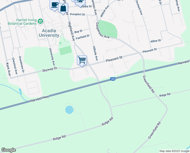 map of restaurants, bars, coffee shops, grocery stores, and more near 120 Highland Avenue in Wolfville