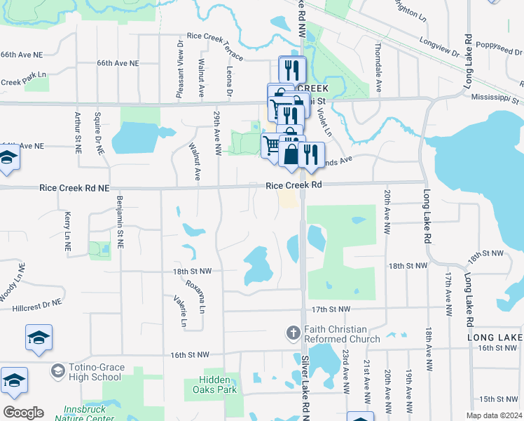 map of restaurants, bars, coffee shops, grocery stores, and more near 2807 Lake Diane Court in New Brighton