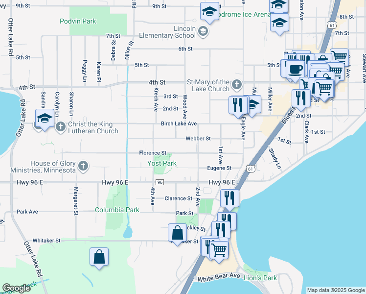 map of restaurants, bars, coffee shops, grocery stores, and more near 1900 Webber Street in White Bear Lake