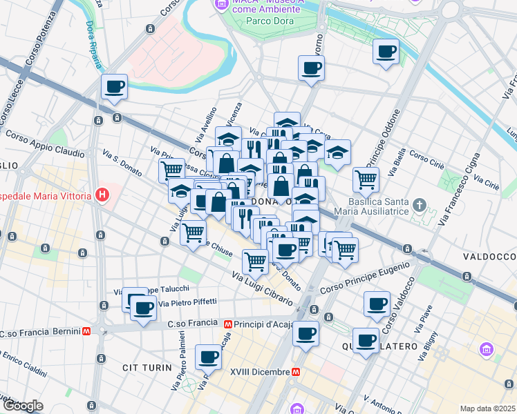 map of restaurants, bars, coffee shops, grocery stores, and more near 30-38 Via Pier Dionigi Pinelli in Turin
