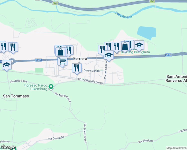 map of restaurants, bars, coffee shops, grocery stores, and more near 19C Via Cavallo Grigio in Ferriera