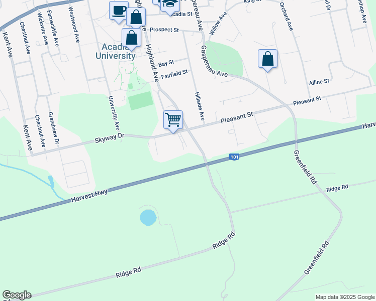 map of restaurants, bars, coffee shops, grocery stores, and more near 33 Fundy Drive in Wolfville