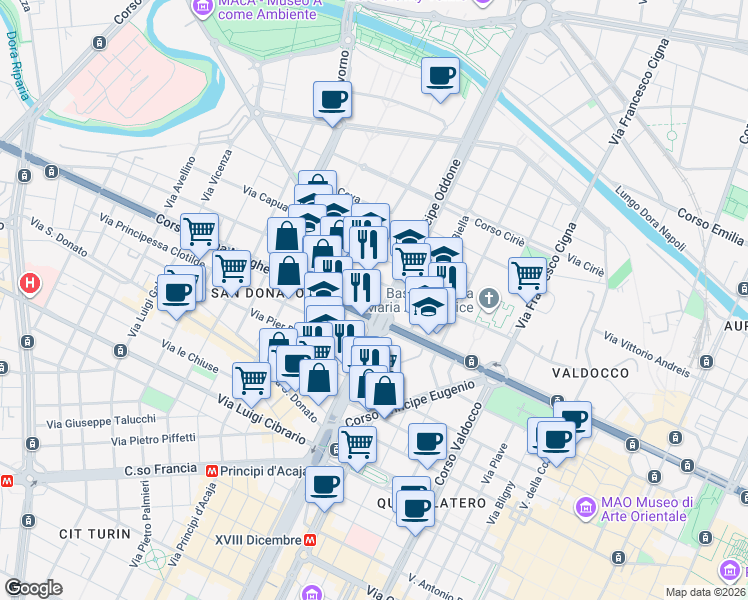 map of restaurants, bars, coffee shops, grocery stores, and more near 2 Corso Umbria in Turin