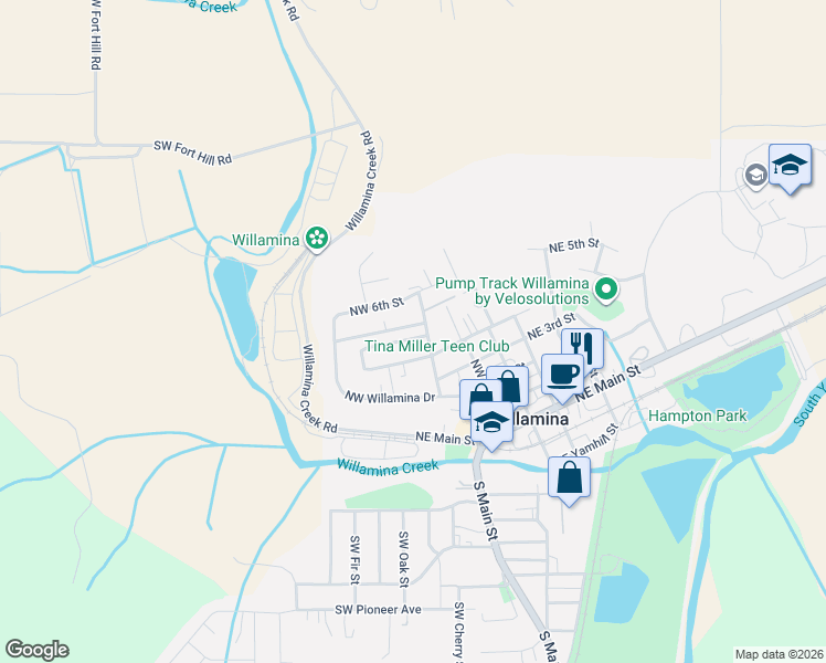map of restaurants, bars, coffee shops, grocery stores, and more near 323 Northwest Pacific Hills Drive in Willamina
