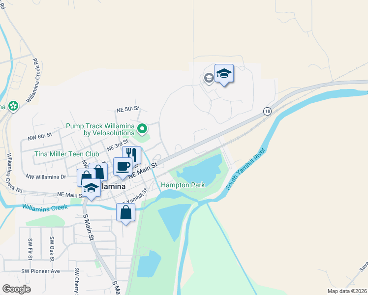map of restaurants, bars, coffee shops, grocery stores, and more near 764 Northeast Main Street in Willamina